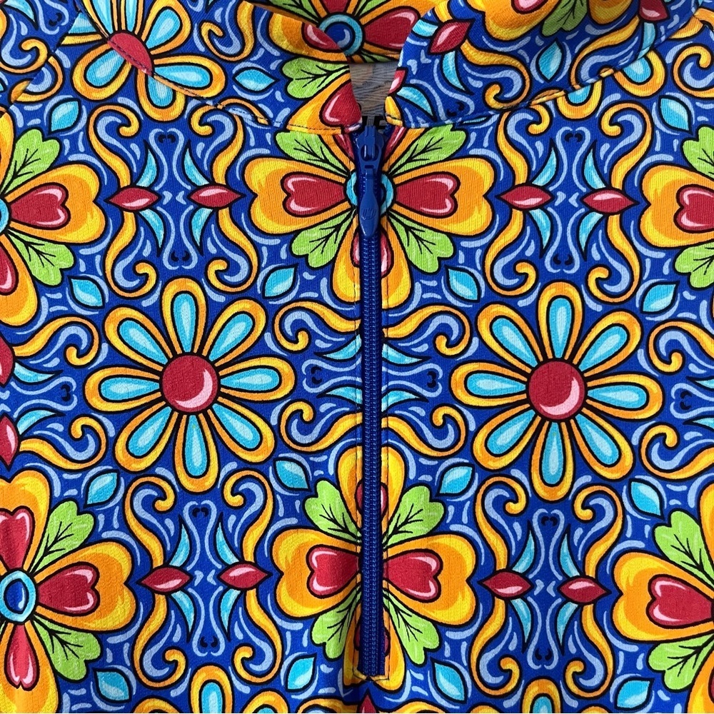 IBKUL Long Sleeve Floral Geometric Print Dress in Blue, Yellow, Red - Picture 4 of 9